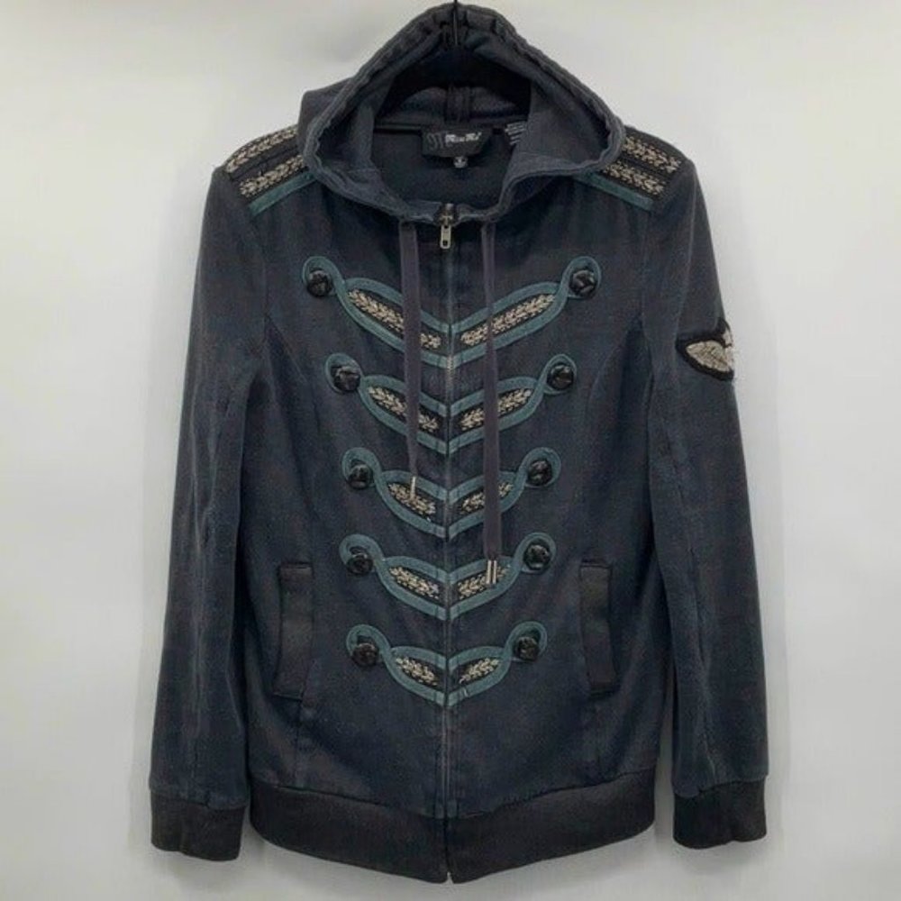 Miss Me Dark Gray Hooded Military-Style Zip Sweatshirt with Teal Trim